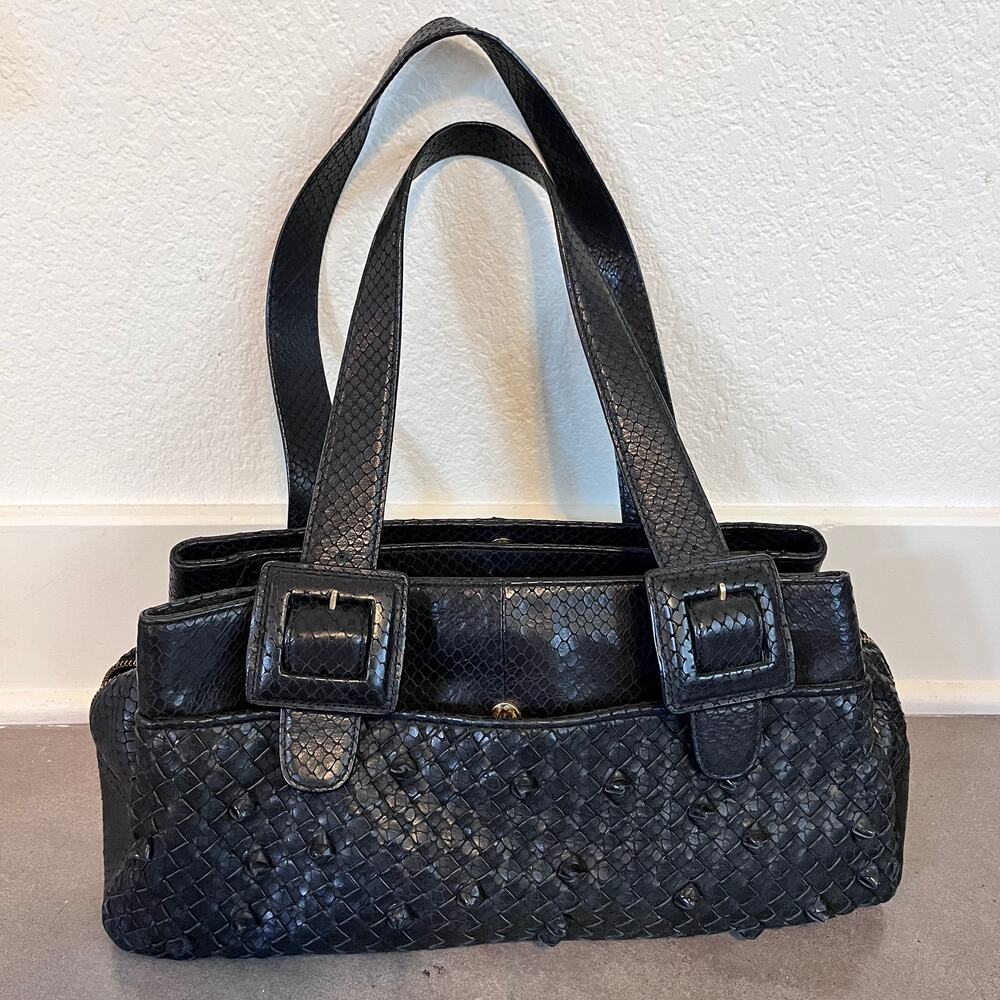 Perlina woven embossed leather black snake skin shoulder bag womens purse medium
